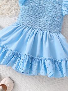 Infant Girls' Summer Vacation Style Pale Blue Drawstring Dress, With Hollow Out Ruffle Hem, Suitable For Summertime Vacation Outings - Blue - View 7
