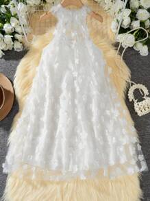 女童圆领无袖连衣裙，3D花卉面料，优雅大方，适合派对