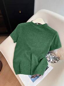 SHEIN Plus Size Women Embroidered Design Soft Comfortable Round Neck Short Sleeve T-Shirt - Dark Green - View 2