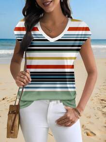 Glamance Maria Clara Maia Camisetas de mujer multicolor de manga corta con cuello en V, estilo informal, teñidas anudadas, conjuntos de verano para mujer, camiseta gráfica para mujeres para salir