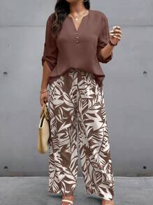 EMERY ROSE 2pcs Plus Size Set: Solid Color Shirt And Random Print Long Pants, Vacation Casual Woman S Summer Clothes Women S Clothes Women Summer Sets - Multicolor - View 3