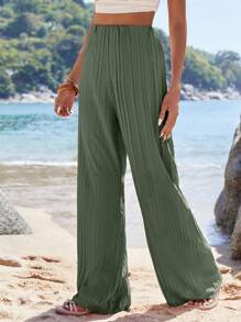 SHEIN Cottnline 100%Cotton Wide Leg Pants, Pleating Fabric - Dark Green - View 4