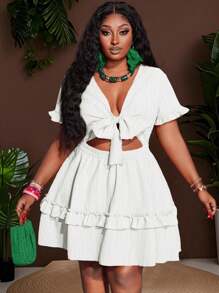 Slaydiva Plus Size Women's White Mini Dress,Summer Holiday Party Wedding Guest Holiday, Vacation Fitted A-Line Ruffled Chest Tie Knot Details - White - View 2