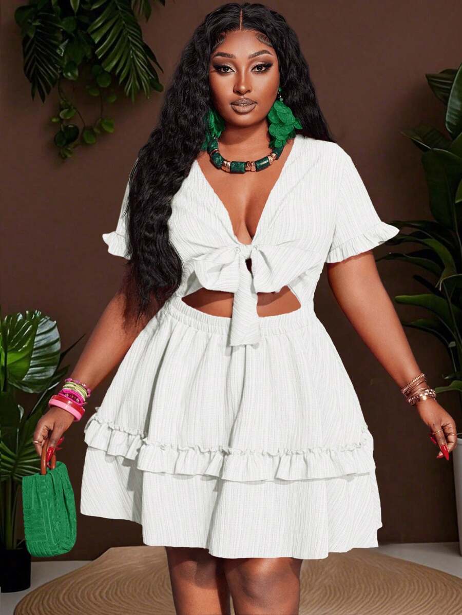 Slaydiva Plus Size Women's White Mini Dress,Summer Holiday Party Wedding Guest Holiday, Vacation Fitted A-Line Ruffled Chest Tie Knot Details