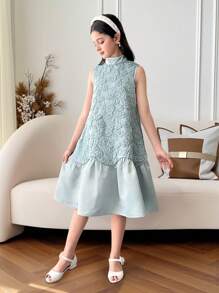 SHEIN Vestido eleg Bluro de cuello redondo sin mangas con silueta de línea A para niña preadolescente - verde menta - Ver 6