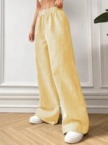 SHEIN PETITE CURVE 大码女式蓝色条纹梭织裤 - 黃色 - 查看 5