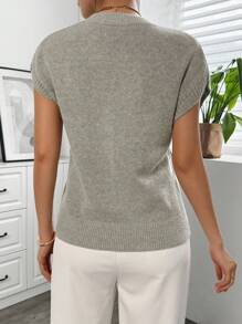 SHEIN Clasi 女式花卉 3D 装饰休闲 V 领短袖针织毛衣，百搭优雅，春夏秋冬 - 淺灰色 - 查看 2