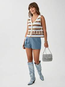 SHEIN LUNE 夏季高腰側翻口袋卡其色短褲 - 霧霾藍 - 查看 2