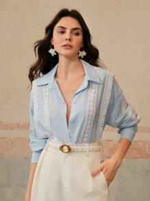 Anewsta Women Elegant Modern Drop Shoulder Contrast Color Hollow Lace Trim Romantic Long Sleeve Blouse - Baby Blue - View 1