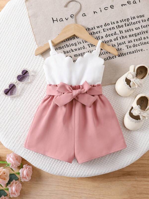 SHEIN Baby Girl Cute Summer White Camisole & Elastic Waist Shorts 2pcs Set