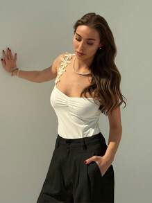 Aloruh Women's White Sleeveless Bodysuit With Delicate Floral Applique Straps And Ruched Bust Detail For A Casual Chic Look - White - View 4