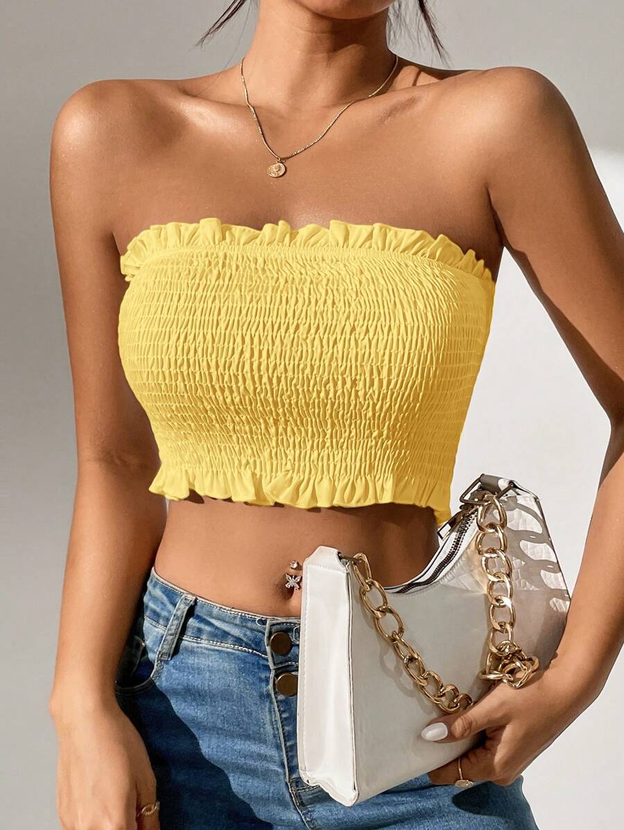 SHEIN PETITE Summer Solid Frill Trim Shirred Crop Tube Top - Yellow - View 1