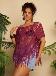 Travachic Plus Size Women Hollow Out Solid Color Short Sleeve Knit Blouse, Suitable For Vacation