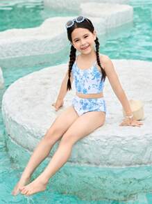 2pcs/Set Girls Swimsuit, Floral Print Top And Adjustable Strap Triangle Bottoms - Multicolor - View 8