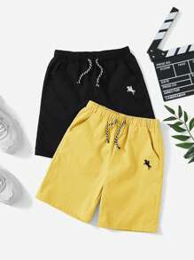SHEIN Pantalones cortos informales de verano para niños preadolescentes con bolsillo sesgado y cintura con cordón