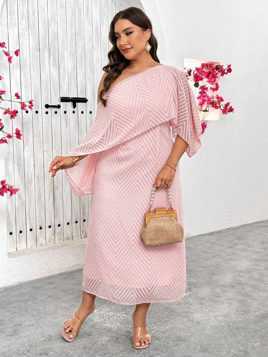 SHEIN Privé Damen Große Größen elegantes Chiffon Jacquard Party MIDI Kleid Französischer Urlaub - Pink - Übersicht 1