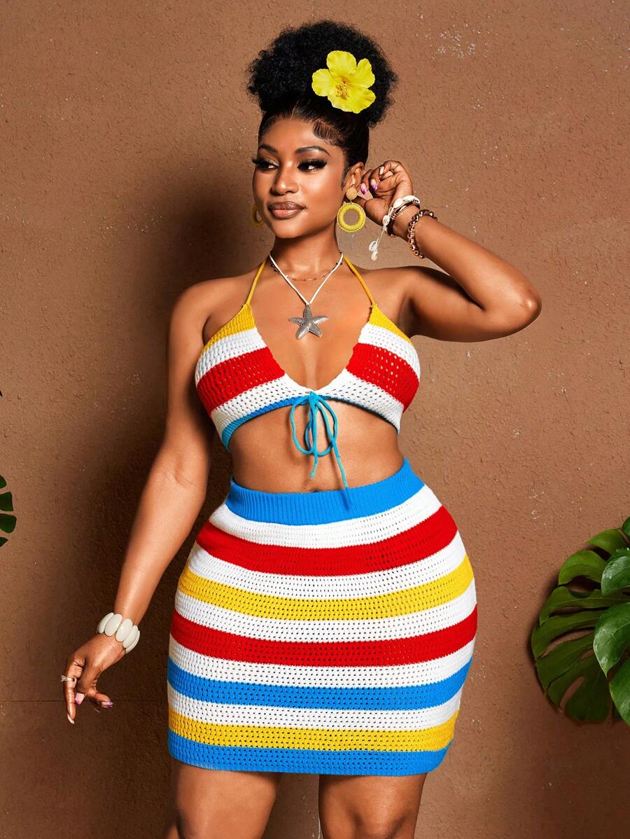 Maweii Plus Size Women Color Block Striped Sexy Lace-Up Two Pieces Swimsuit