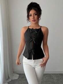 Elenzga Halloween Costume Black Bowknot Decor Waist Fitted Top For Women - Black - View 3