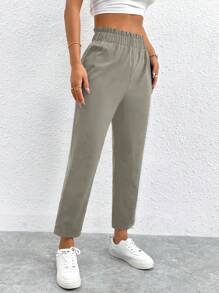 SHEIN PETITE Women Casual Solid Elastic Waist Cropped Pants