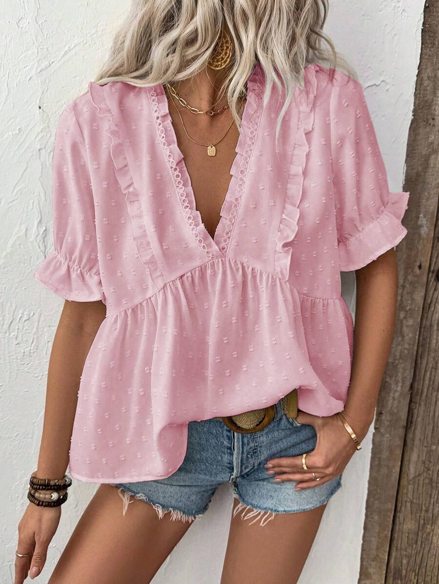 LanaWest Women's Cutout Deep V Puff Sleeve Blouse - Pink - View 1