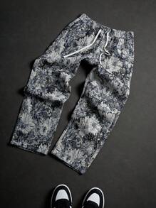 Manfinity Homme Men's Casual Daily Wear, Perfect For Seaside Vacations, Featuring An INS-Style Loose Straight-Leg Long Pants In A Blue-Toned Impressionistic Romantic Floral Color-Woven Texture Jacquard. These Pants Come With An Elastic Waistband And Are Suitable For Hawaiian Beach Getaways, Music Festivals, And Everyday Wear, Making Them An Ideal Gift For Boyfriends Or Husbands. Baggy Pants , Flower Pants Men , Floral Pants Men,Men's Resort-Casual Style, Inspired By INS, Featuring Vintage Spring-Themed Bird, Branch, And Floral Jacquard Loose-Fit Straight-Leg Pants With An Elastic Waistband. Perfect For Music Festivals, Hawaiian Beach Vacations, And Everyday Wear. It Also Makes A Great Gift For A Boyfriend Or Husband. - Light Grey - View 7