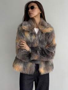 Aloruh Women's Patterned Long Sleeve Faux Fur Collar Jacket, Autumn/Winter - Multicolor - View 1