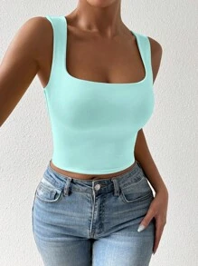 Chiquease Top corto ajustado de unicolor con escote de U para mujer - Azul - Ver 4