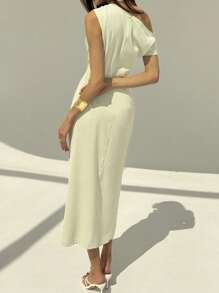 Aloruh Women Summer Elegant Solid Color Asymmetric Collar High Slit Dress Apple Green Summer Commuter Long Dress Elegant Slim And Simple Asymmetric Collar - Aqua Green - View 3