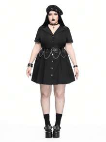 ROMWE Goth Vestito fasciato con stile college gotico vintage, collo in PU, bottoni in metallo, taglio linea A, per taglie forti