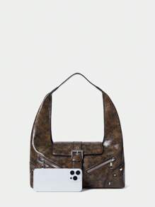 SHECARRY Women Fashion Punk Y2K Rivet Zipper Decor Shoulder Bag, Hobo Bag - Coffee Brown - View 5