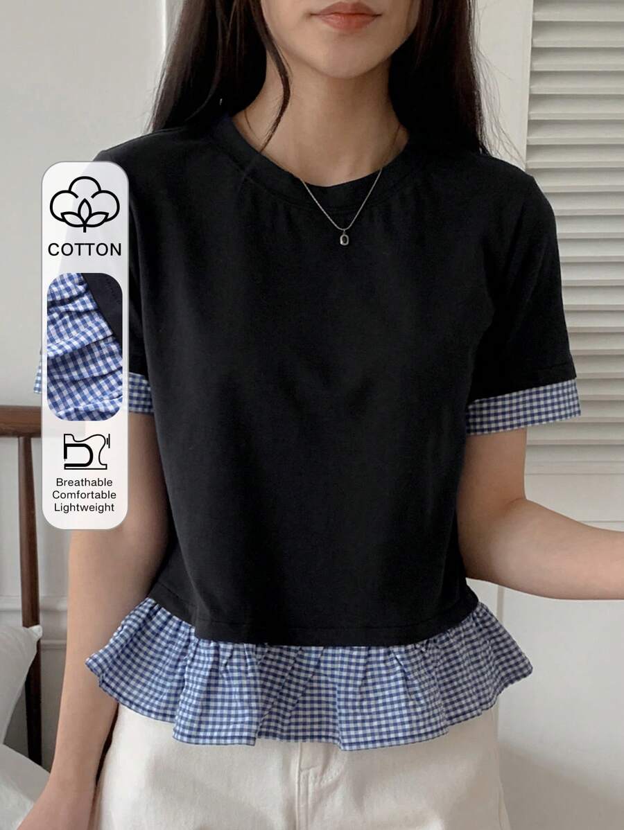 DAZY Women's Summer Round Neck Short Sleeve Plaid Splice Casual Short Fitted Cute T-Shirt - Black - View 1