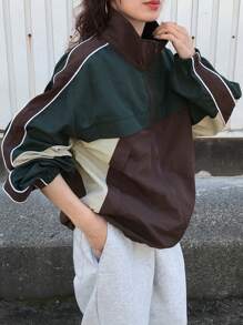 FRIFUL Women Casual Summer Jacket With Colorblock Patchwork - Green - View 4