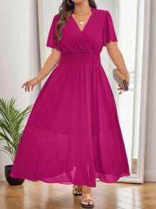 Celure Elegantes Kurzarm-Kleid in Große Größen mit weitem Saum, Rüschendekor und Spitzenrand. Lose sitzend für Urlaub oder Arbeit, V-Ausschnitt Maxi Damen Outfit