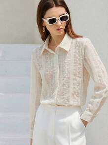 SHEIN Privé Summer New Arrival Heavy Embroidery Special Fabric Minimalist Elegant Turndown Collar Button Front Loose Sheer Long Sleeve Blouse For Women - Cream - View 5