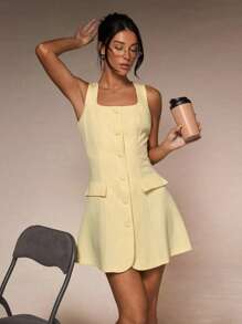 Glamine Nuevo vestido casual mini para mujer de primavera temprana, con escote cuadrado, sin mangas, bolsillo falso, ajuste delgado y apropiado para ir a trabajar