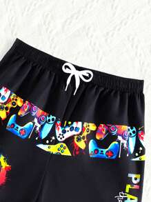 Tween Girl Cartoon  Game Controller Print Print Drawstring Waist Beach  Shorts,Kid Swimming Trunks - Black - View 3