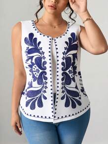 Elenzga Plus Size Women's Blue & White Pattern Fitted Vest Jacket, Casual And Versatile For Commuting And Daily Wear, Comfortable And Fashionable, Suitable For Various Occasions Like Commuting, Shopping, Entertainment, Great For Photo Shoots - Blue and White - View 6