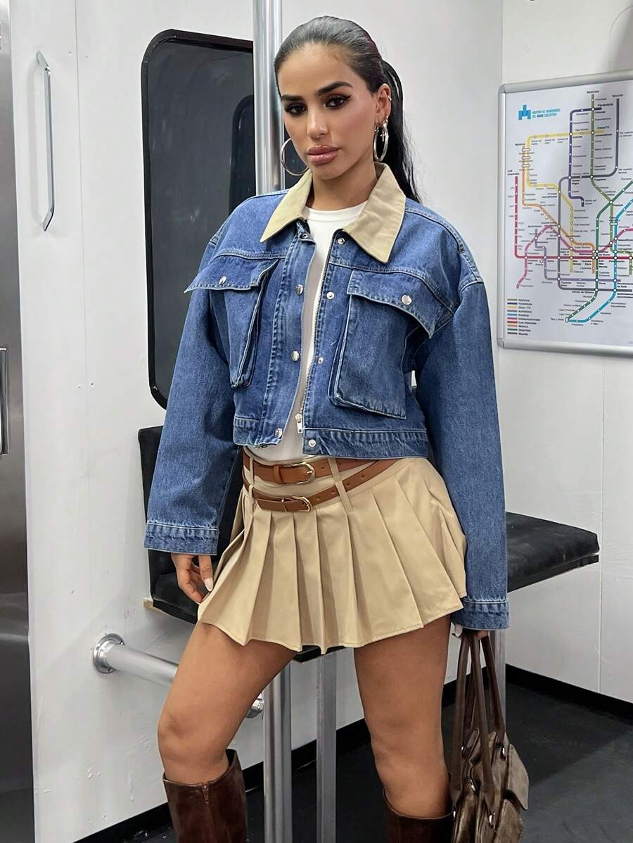 RueChic Velvet Collar Pocket Detailed Denim Jacket - Medium Wash - View 1