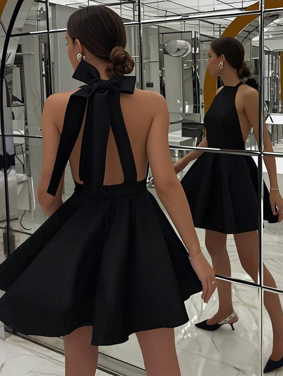 INAWLY Elegantes, sexy, lässiges, romantisches Kleid mit Schleifendekor in Große Größen - Schwarz - Übersicht 1