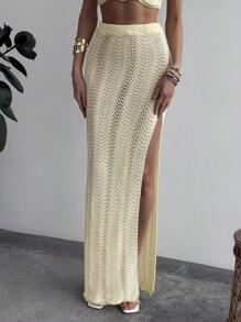 Aloruh 2pcs Set New Knitted Backless Sleeveless Hollow-Out Crop Top And Bodycon Skirt Suit For Women - Yellow - View 5