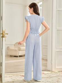 SHEIN Teen Girls 2pcs Set: Comfortable Woven Blue And White Striped Cap Sleeve Blouse And Elastic Waist Wide Leg Pants, Casual Daily Wear, Beach/Resort Vacation