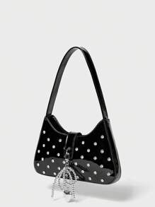 SHECARRY Minimalist Zippered Rhinestone-Embellished Black Shoulder Bag Tote For Commuting - Black - View 4