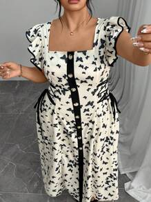 Modelyn Vestido de talla grande elegante con estampado de mariposa y tirantes cruzados