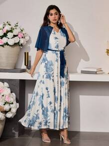 Modelyn Vestido elegante de manga larga con volantes y estampado floral romántico de malla para mujer, para primavera/verano