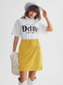 SHEIN LUNE Women's Solid Color Frill Hem Tie Waist Pocket Short Casual Skirt