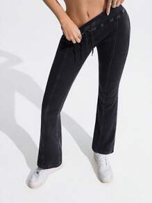 SHEIN Essnce 女式纯色紧身喇叭腿抽绳休闲牛仔裤 - 深灰色 - 查看 4