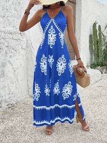 SHEIN PETITE Summer New Fashion Positional Flower Opening Slit Ruched Bust Strap Bodycon Dress For Women - Royal Blue - View 6