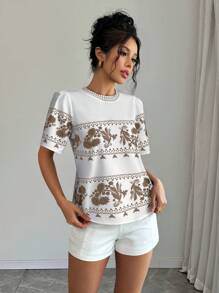 SHEIN LUNE 女士刺绣纹理印花衬衫 - 彩色 - 查看 3