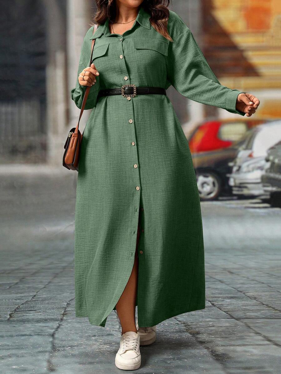 EMERY ROSE Plus Size Women's Solid Color Drop Shoulder Loose Casual Shirt Dress, Spring/Fall Maxi Women Outfit - Army Green - View 1