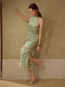 MOTF PREMIUM Vestido con volantes de estampado floral - Verde - Ver 4